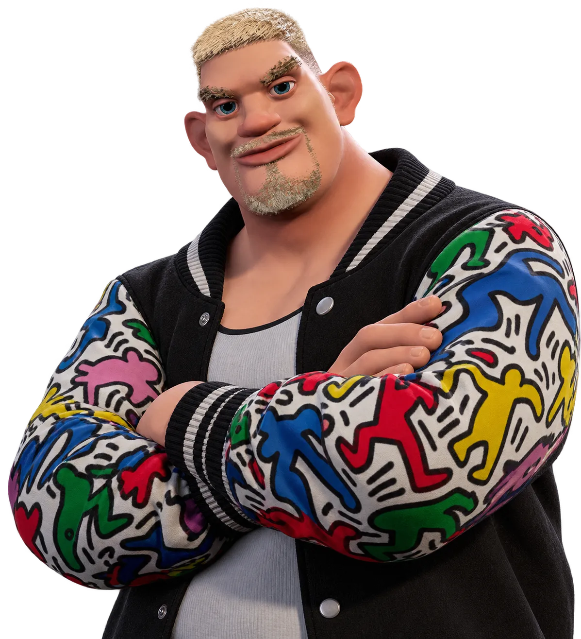 A heavyset Hammer League fighter standing with his arms crossed, in a varsity jacket with graffiti-print sleeves.
