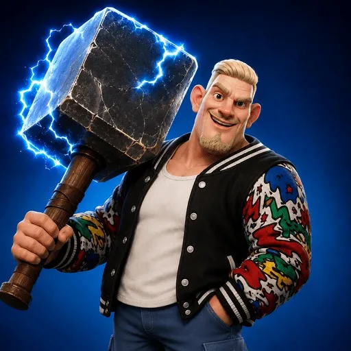 A Hammer League fighter in a graffiti-sleeved varsity jacket hoisting a crackling stone hammer.