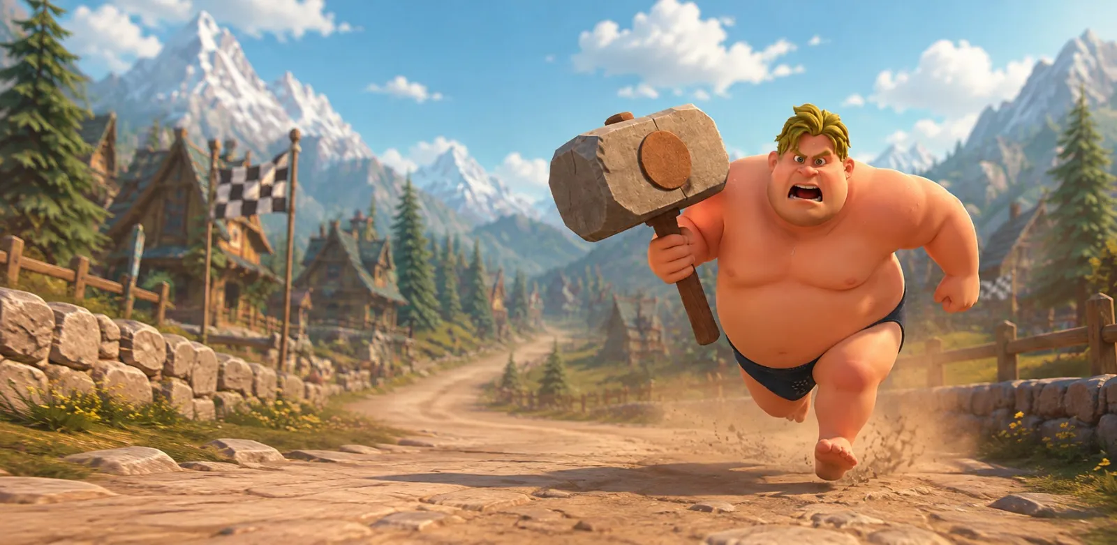 A hammer-wielding Hammer League fighter charging down a dirt track through an alpine village.
